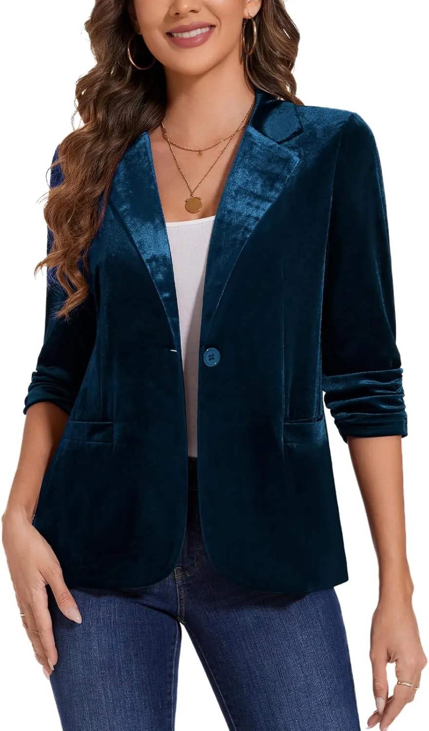 MINTLIMIT Women's Velvet Blazer Ruched 3/4 Sleeve Jacket Notch Lapel Button Open Front Casual Blazers with Pockets