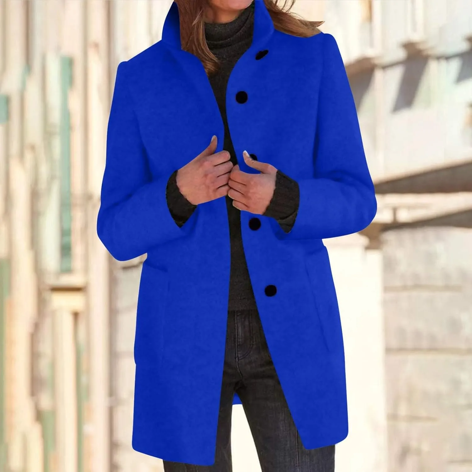 Mmoneyake Pea Coats for Women Single Breasted Stand Collar Casual Trench Coat Warm Winter Coats Wool Blazer Jacket Overcoat