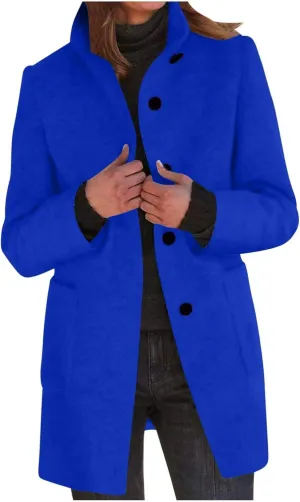 Mmoneyake Pea Coats for Women Single Breasted Stand Collar Casual Trench Coat Warm Winter Coats Wool Blazer Jacket Overcoat