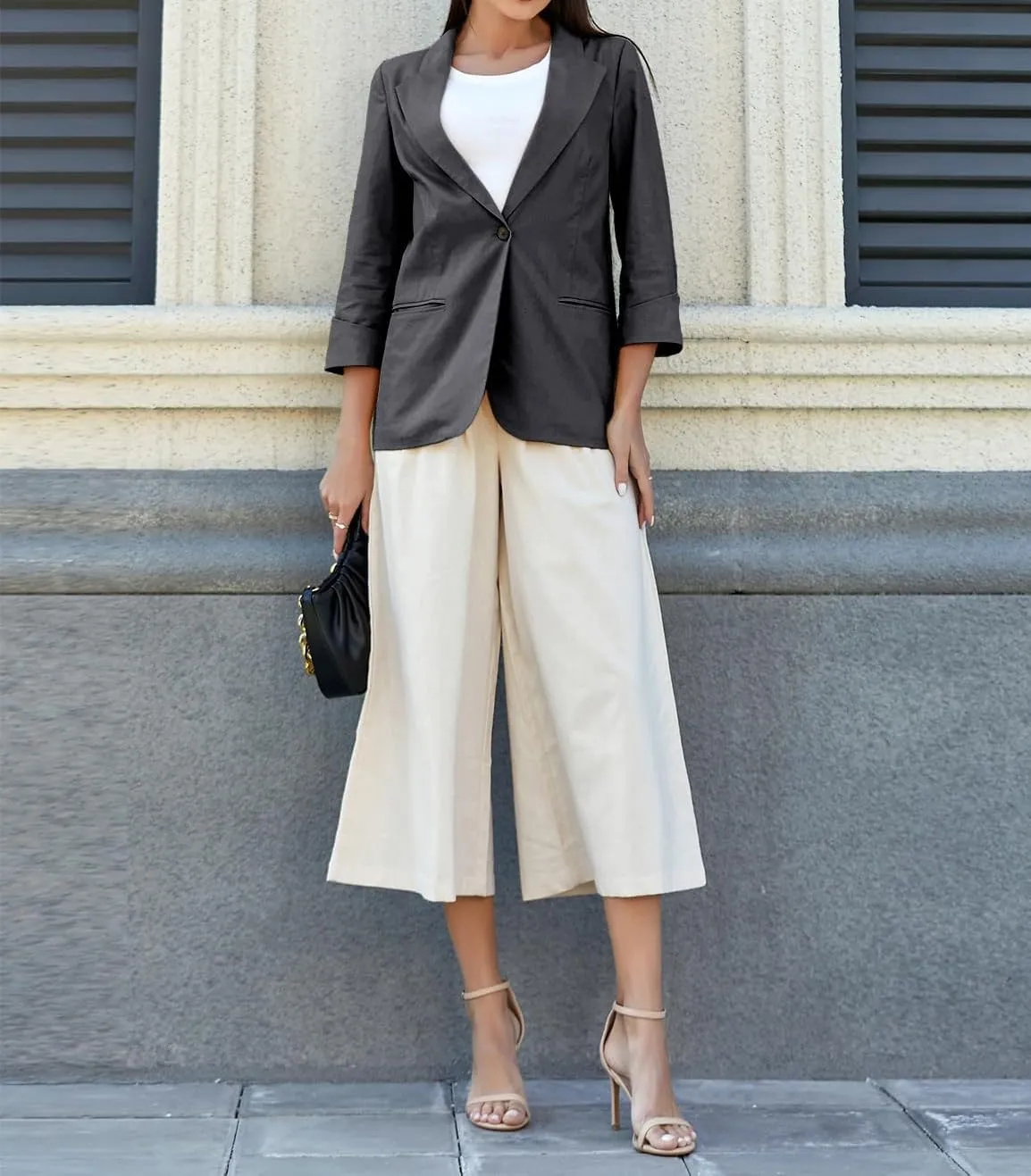 Mywinway Womens Casual 3/4 Sleeve Lightweight Summer Spring Cotton Linen Blazer Jackets