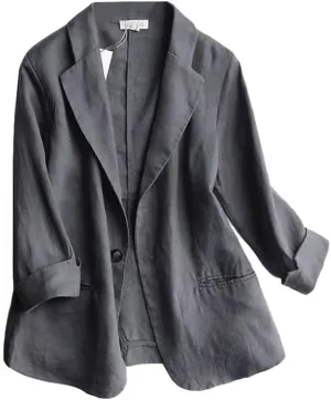 Mywinway Womens Casual 3/4 Sleeve Lightweight Summer Spring Cotton Linen Blazer Jackets