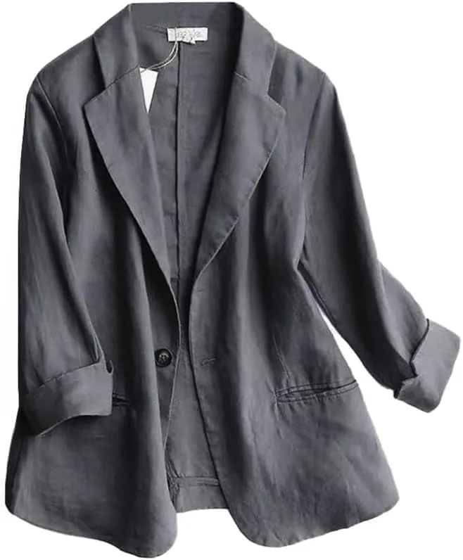 Mywinway Womens Casual 3/4 Sleeve Lightweight Summer Spring Cotton Linen Blazer Jackets