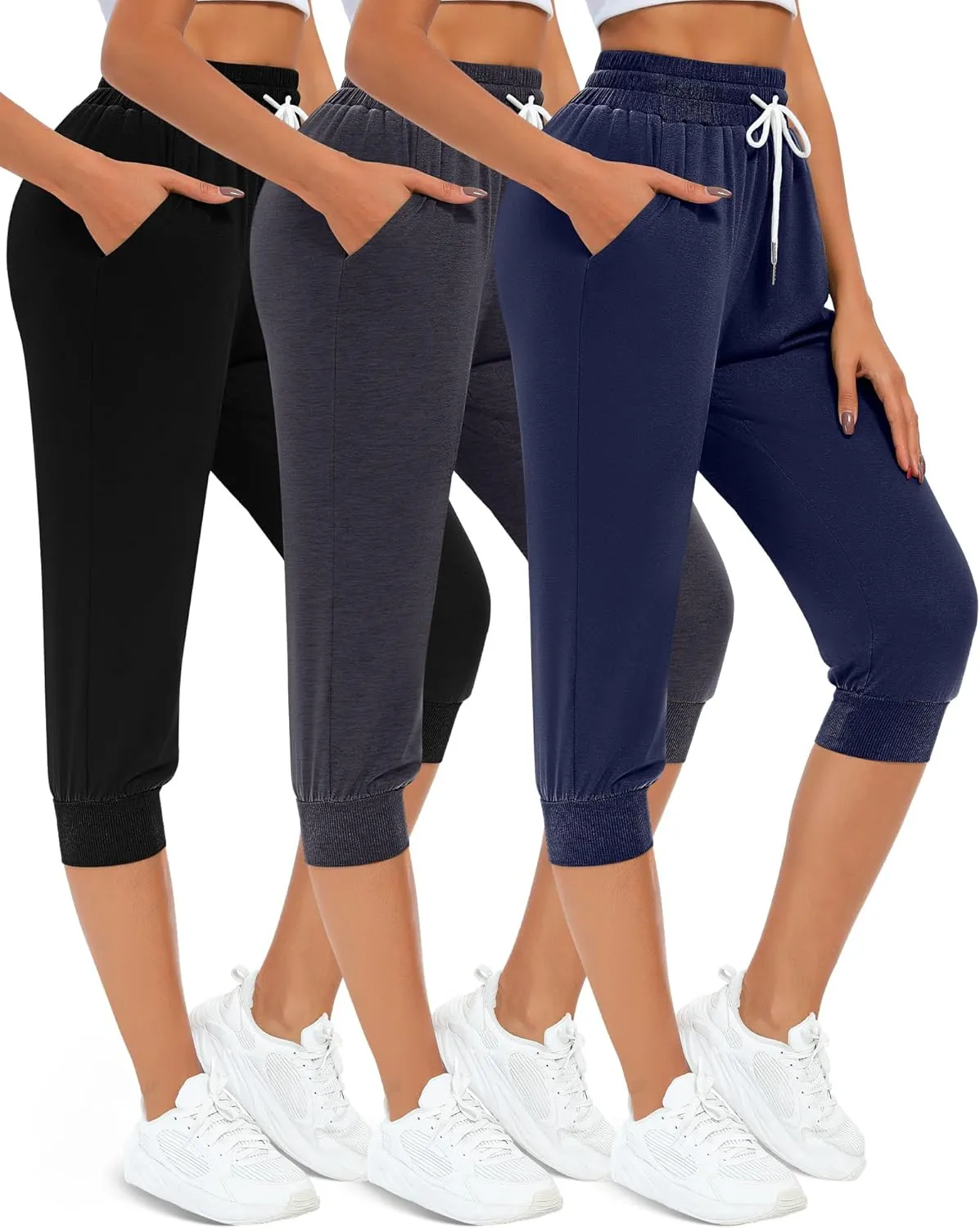 Neer 3 Pcs Women's Capri Sweatpants Causal Drawstring Crop Pants with Pockets Capri Joggers Sports Pants Cropped Joggers