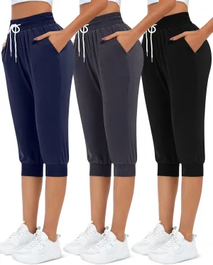 Neer 3 Pcs Women's Capri Sweatpants Causal Drawstring Crop Pants with Pockets Capri Joggers Sports Pants Cropped Joggers