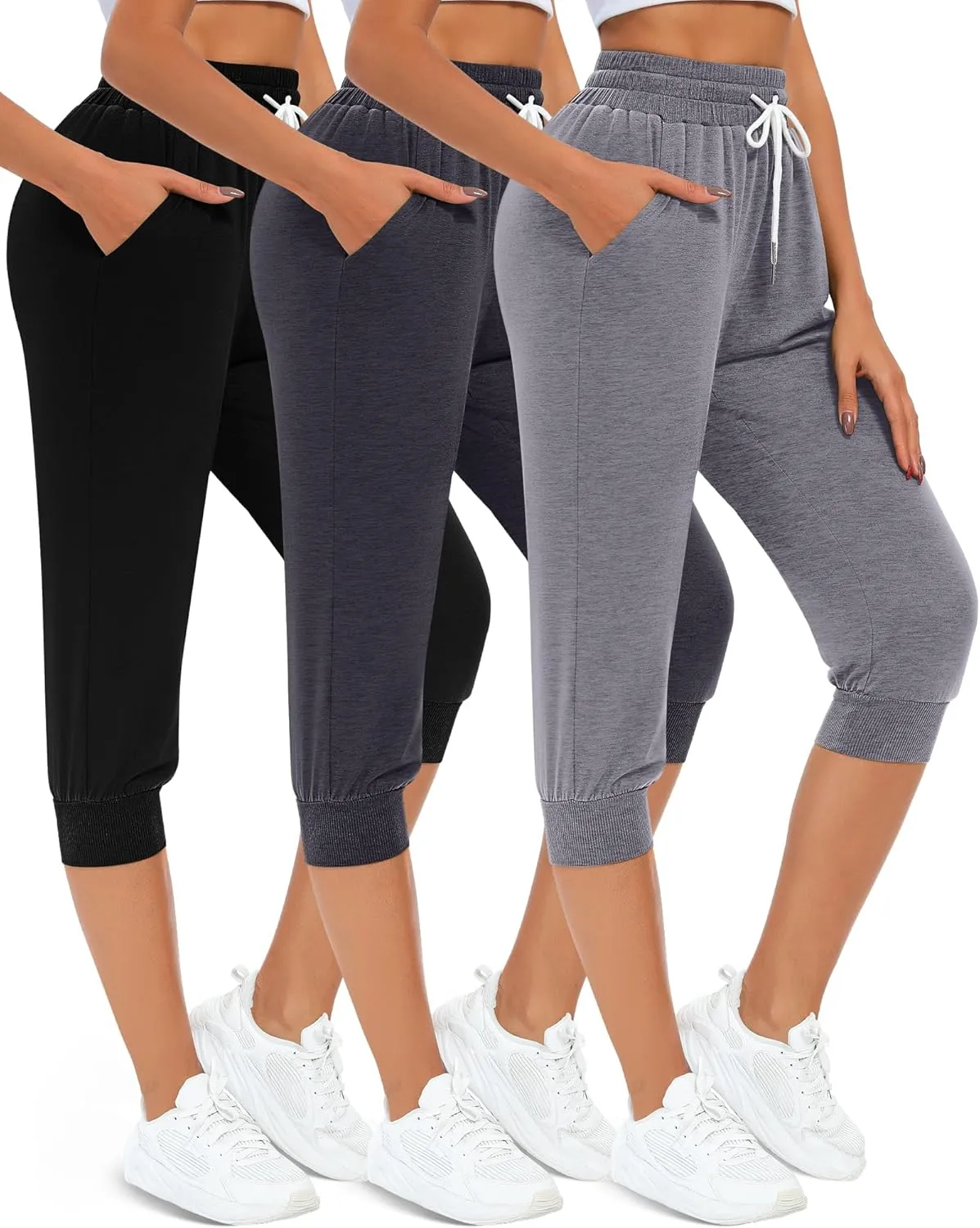 Neer 3 Pcs Women's Capri Sweatpants Causal Drawstring Crop Pants with Pockets Capri Joggers Sports Pants Cropped Joggers