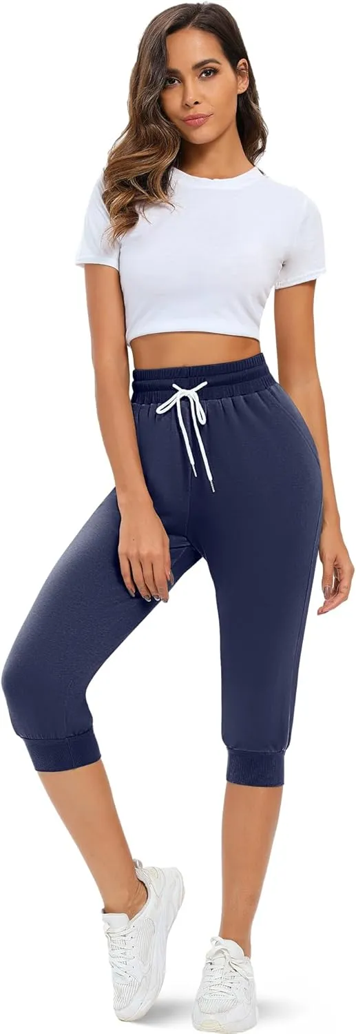Neer 3 Pcs Women's Capri Sweatpants Causal Drawstring Crop Pants with Pockets Capri Joggers Sports Pants Cropped Joggers