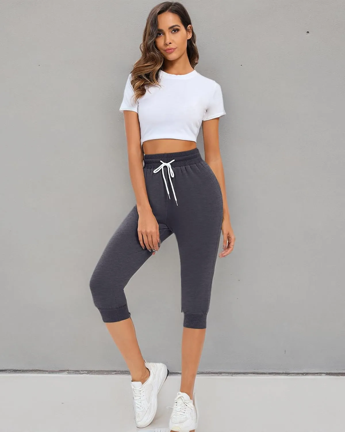 Neer 3 Pcs Women's Capri Sweatpants Causal Drawstring Crop Pants with Pockets Capri Joggers Sports Pants Cropped Joggers