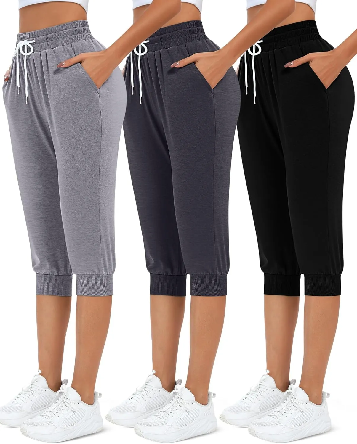 Neer 3 Pcs Women's Capri Sweatpants Causal Drawstring Crop Pants with Pockets Capri Joggers Sports Pants Cropped Joggers