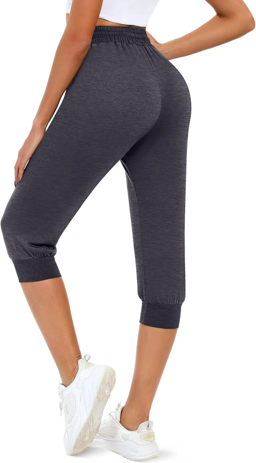 Neer 3 Pcs Women's Capri Sweatpants Causal Drawstring Crop Pants with Pockets Capri Joggers Sports Pants Cropped Joggers