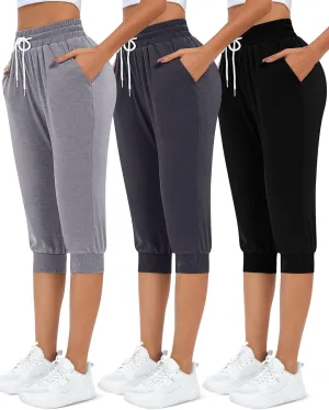 Neer 3 Pcs Women's Capri Sweatpants Causal Drawstring Crop Pants with Pockets Capri Joggers Sports Pants Cropped Joggers