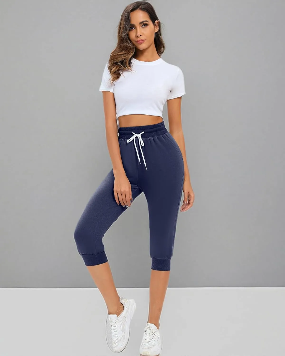 Neer 3 Pcs Women's Capri Sweatpants Causal Drawstring Crop Pants with Pockets Capri Joggers Sports Pants Cropped Joggers