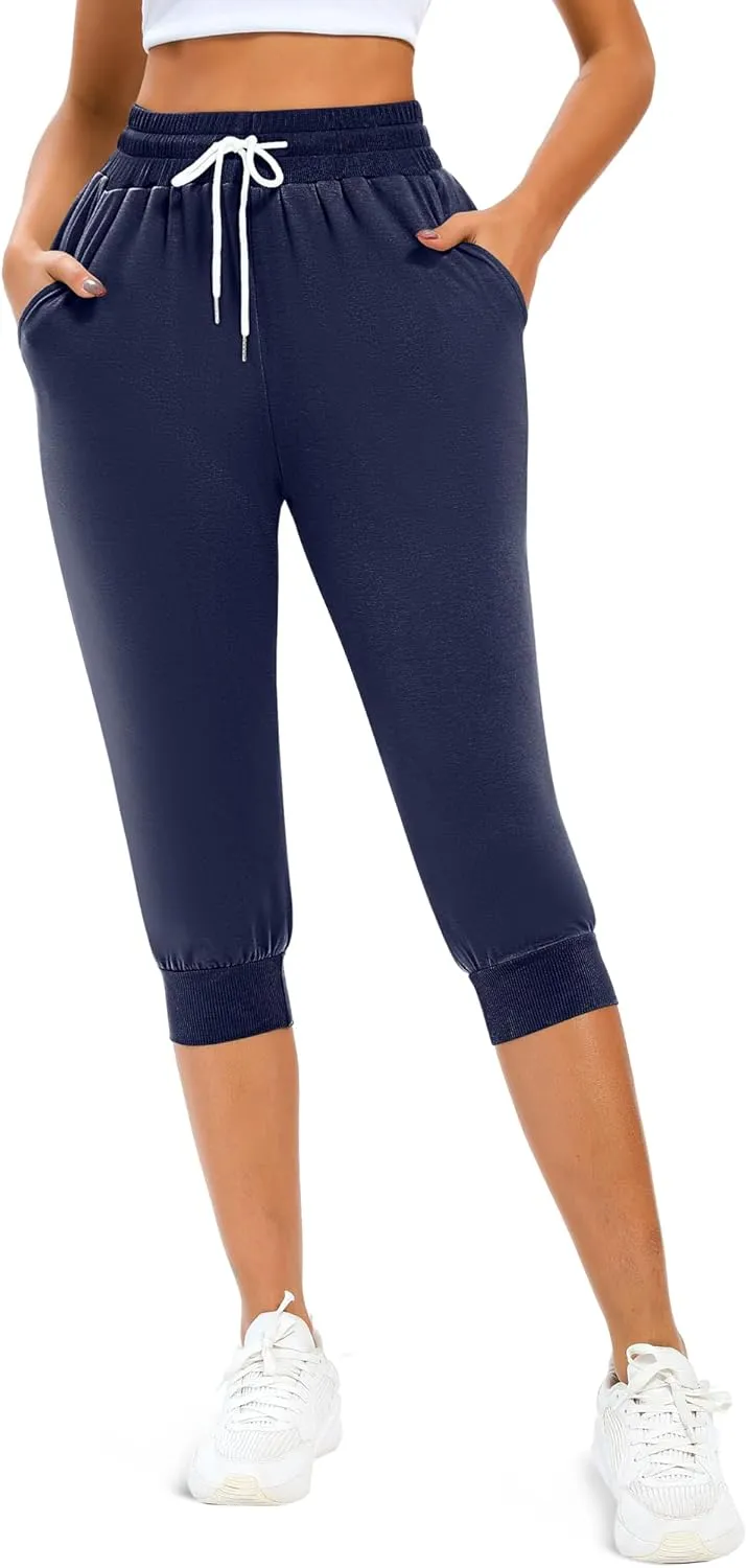 Neer 3 Pcs Women's Capri Sweatpants Causal Drawstring Crop Pants with Pockets Capri Joggers Sports Pants Cropped Joggers