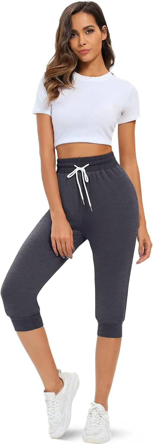 Neer 3 Pcs Women's Capri Sweatpants Causal Drawstring Crop Pants with Pockets Capri Joggers Sports Pants Cropped Joggers
