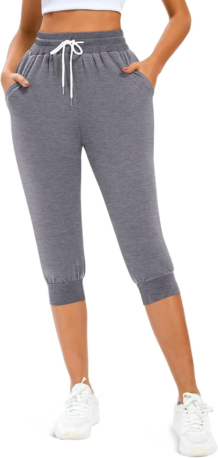 Neer 3 Pcs Women's Capri Sweatpants Causal Drawstring Crop Pants with Pockets Capri Joggers Sports Pants Cropped Joggers