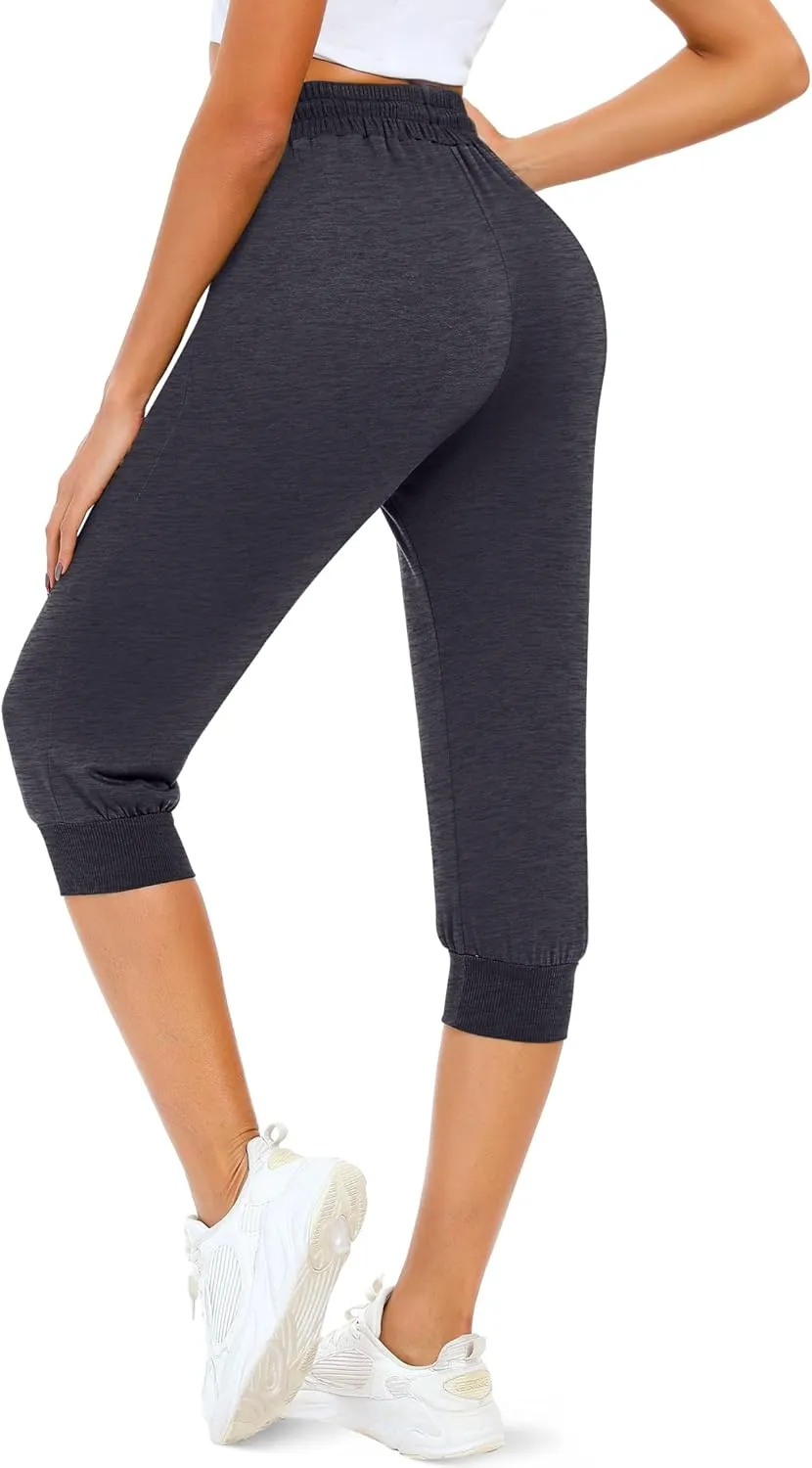 Neer 3 Pcs Women's Capri Sweatpants Causal Drawstring Crop Pants with Pockets Capri Joggers Sports Pants Cropped Joggers