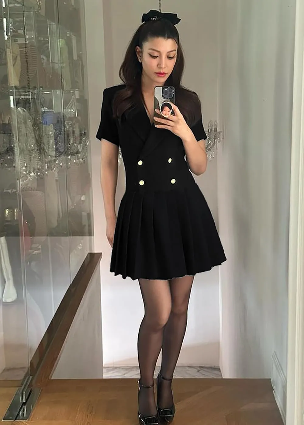 Nihsatin Women's Double Breasted Blazer Jacket Lapel Collar Short Sleeve Pleated Hem Blazer Dress