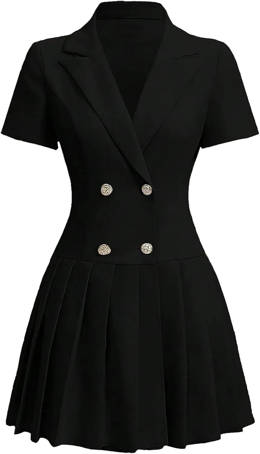 Nihsatin Women's Double Breasted Blazer Jacket Lapel Collar Short Sleeve Pleated Hem Blazer Dress