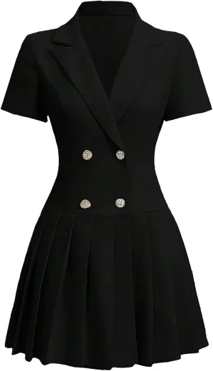 Nihsatin Women's Double Breasted Blazer Jacket Lapel Collar Short Sleeve Pleated Hem Blazer Dress