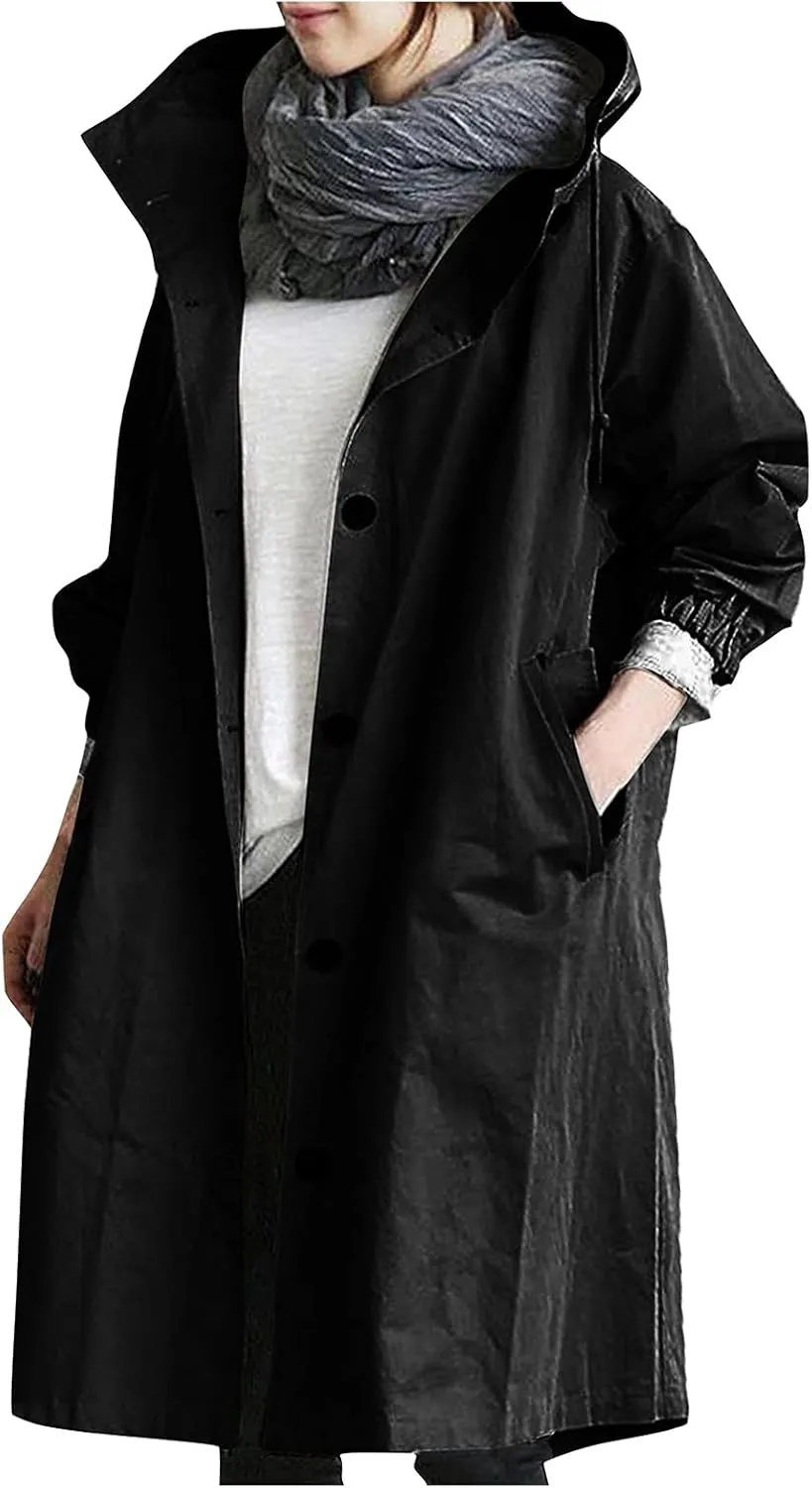 OIOLOYJM Black Trench Coat for Women 2023 Rain Jacket Winter Hooded Oversized Elegant Windbreaker Fall Long Coats for Women
