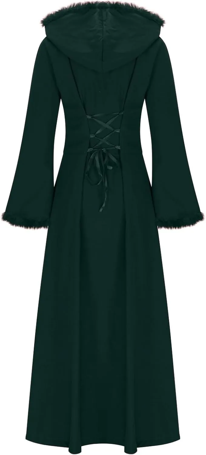 Oplxuo Women Long Trench Coat with Fur Hood Button Down Long Sleeve Hooded Jacket Lace Up Back Overcoat Victorian Costume