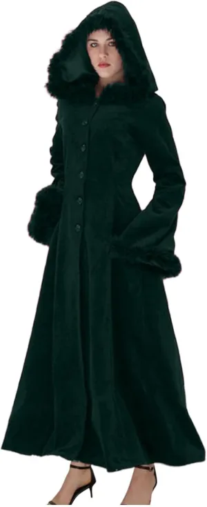 Oplxuo Women Long Trench Coat with Fur Hood Button Down Long Sleeve Hooded Jacket Lace Up Back Overcoat Victorian Costume