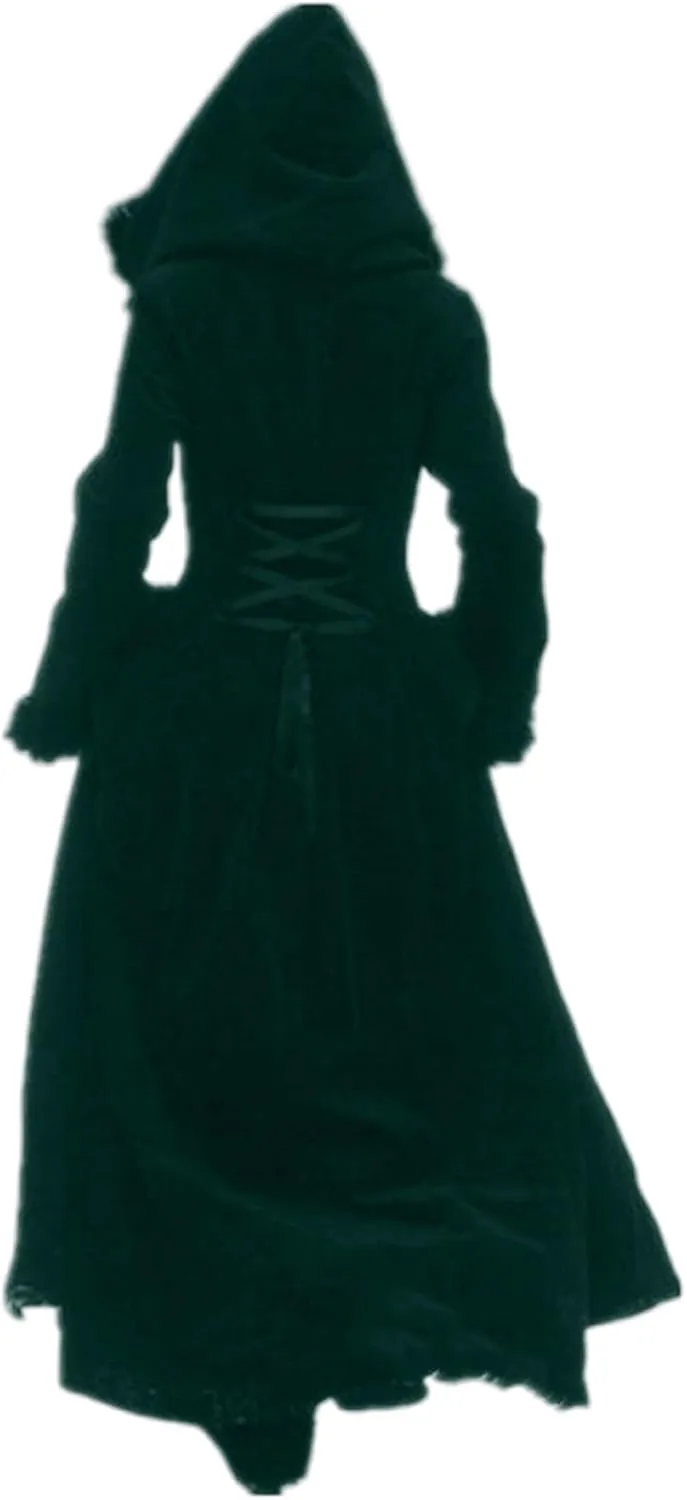 Oplxuo Women Long Trench Coat with Fur Hood Button Down Long Sleeve Hooded Jacket Lace Up Back Overcoat Victorian Costume