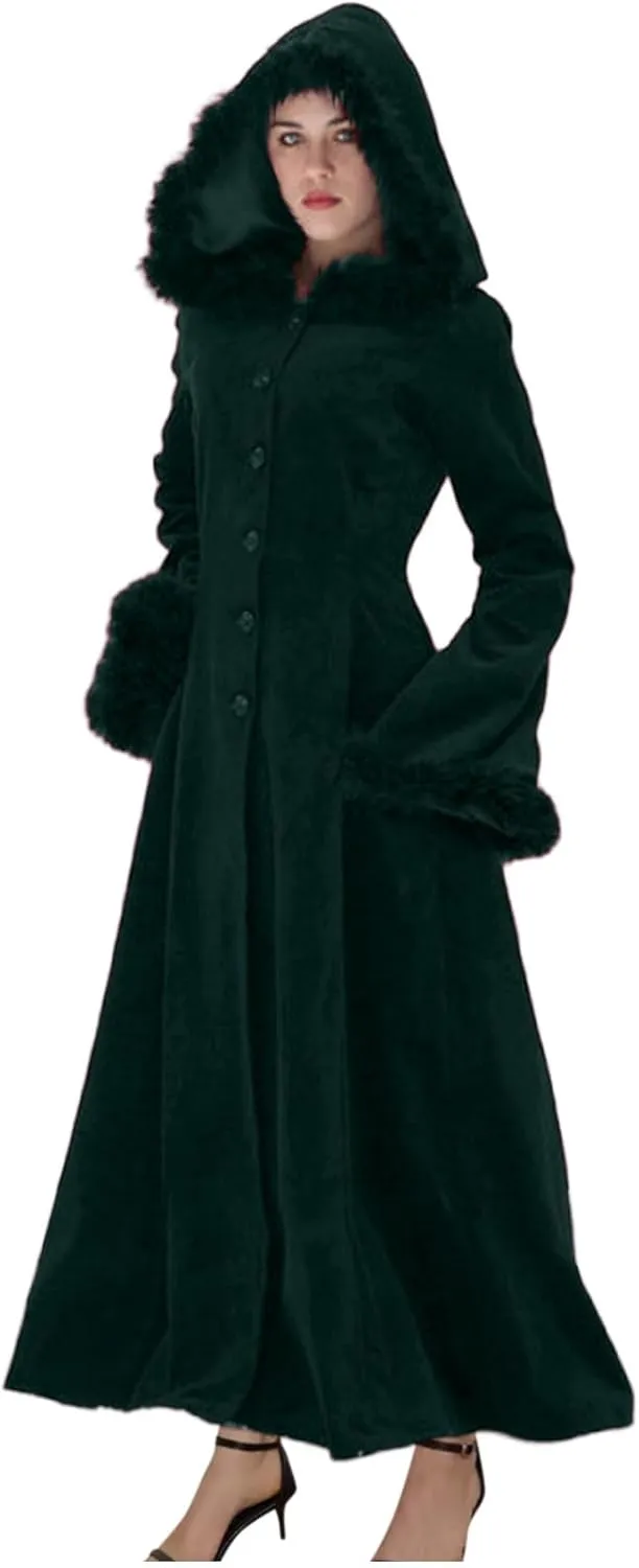 Oplxuo Women Long Trench Coat with Fur Hood Button Down Long Sleeve Hooded Jacket Lace Up Back Overcoat Victorian Costume