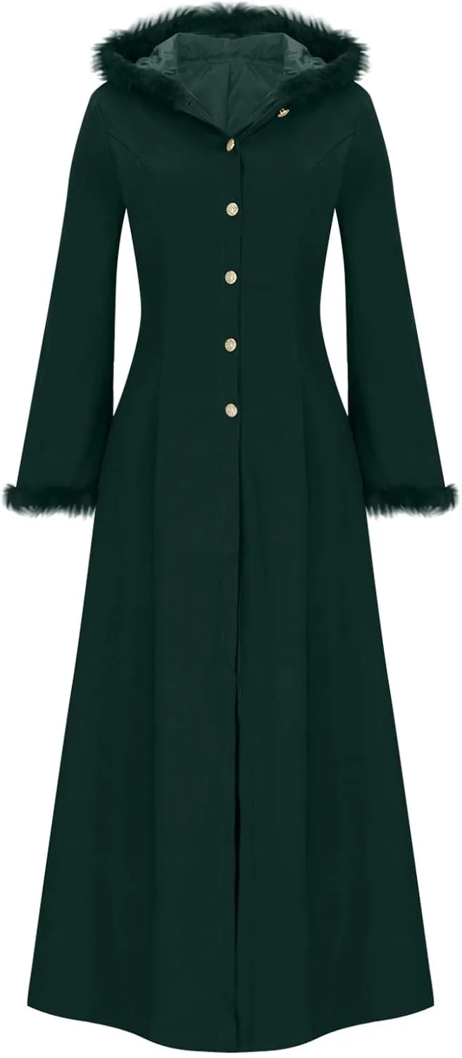 Oplxuo Women Long Trench Coat with Fur Hood Button Down Long Sleeve Hooded Jacket Lace Up Back Overcoat Victorian Costume