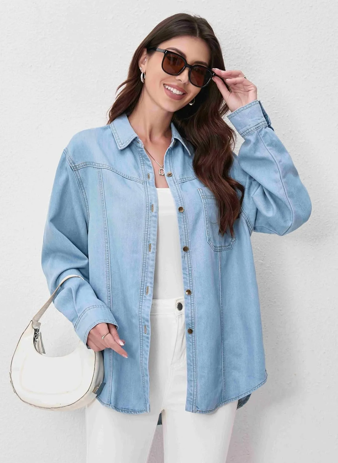 Oversized Denim Button Down Shirt Tencel Long Sleeve Lightweight Denim Shirt Jacket for Women