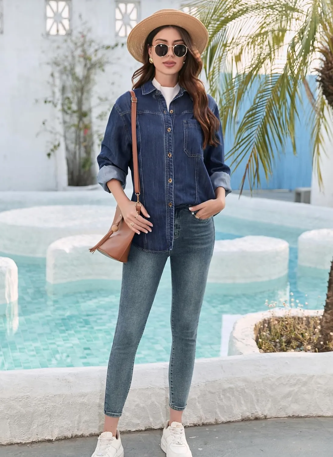 Oversized Denim Button Down Shirt Tencel Long Sleeve Lightweight Denim Shirt Jacket for Women