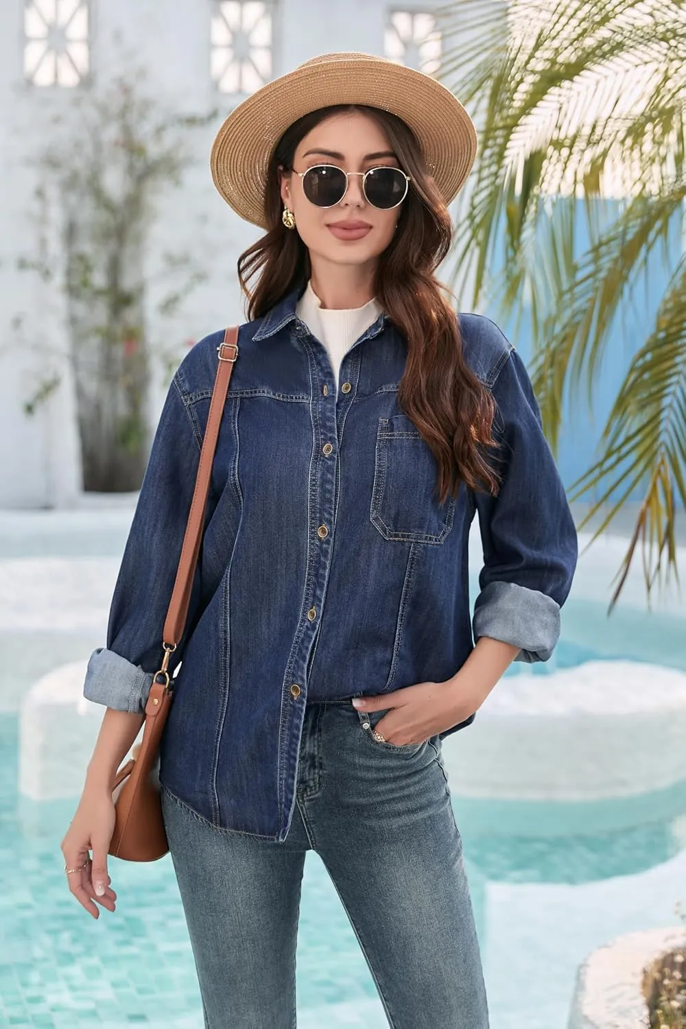 Oversized Denim Button Down Shirt Tencel Long Sleeve Lightweight Denim Shirt Jacket for Women