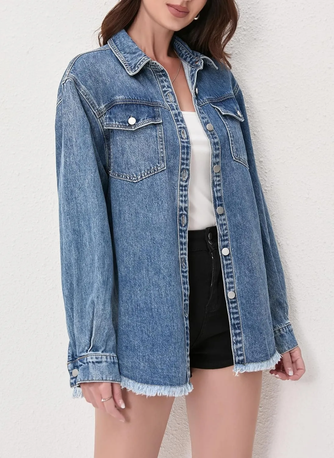 Oversized Denim Button Down Shirt Tencel Long Sleeve Lightweight Denim Shirt Jacket for Women
