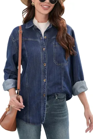 Oversized Denim Button Down Shirt Tencel Long Sleeve Lightweight Denim Shirt Jacket for Women