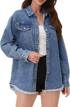 Oversized Denim Button Down Shirt Tencel Long Sleeve Lightweight Denim Shirt Jacket for Women