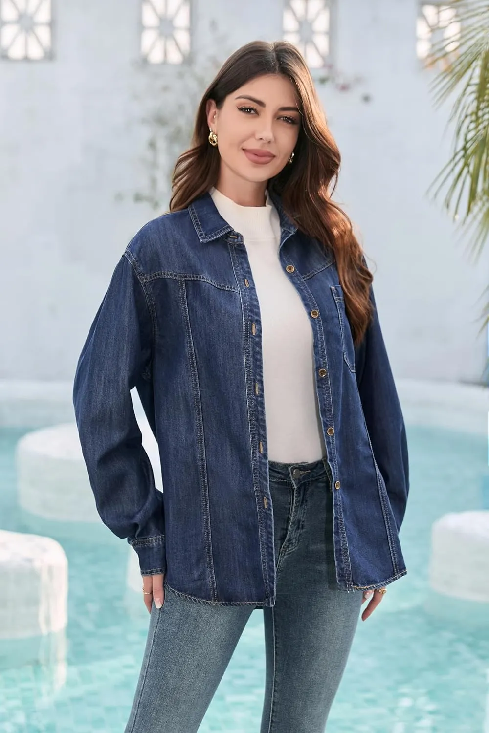 Oversized Denim Button Down Shirt Tencel Long Sleeve Lightweight Denim Shirt Jacket for Women