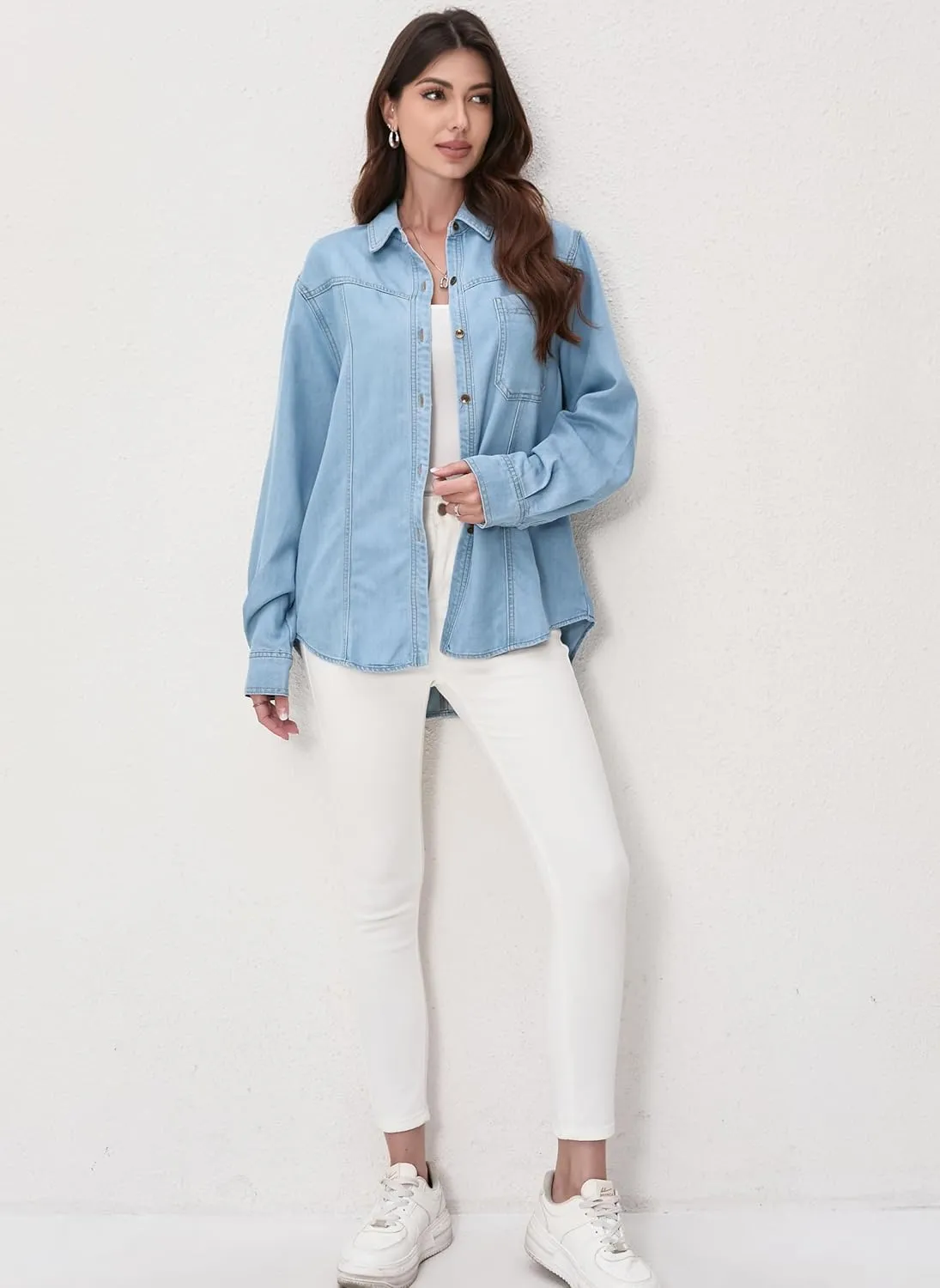 Oversized Denim Button Down Shirt Tencel Long Sleeve Lightweight Denim Shirt Jacket for Women