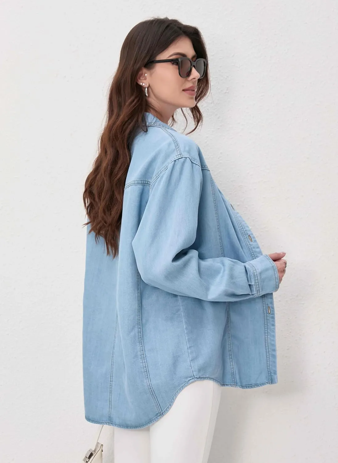 Oversized Denim Button Down Shirt Tencel Long Sleeve Lightweight Denim Shirt Jacket for Women