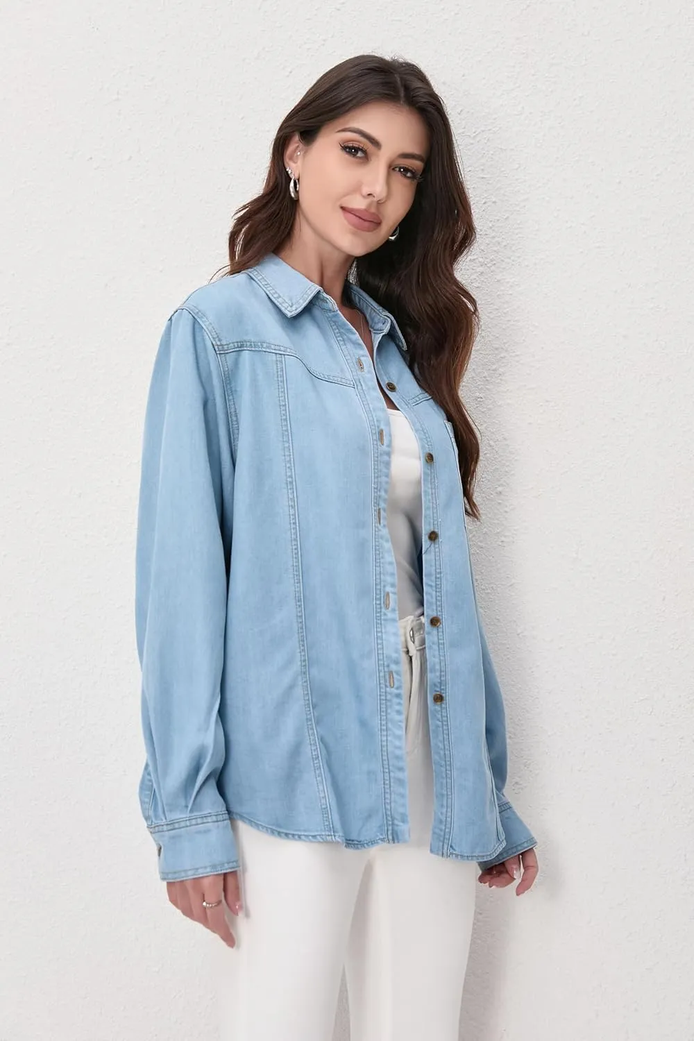 Oversized Denim Button Down Shirt Tencel Long Sleeve Lightweight Denim Shirt Jacket for Women