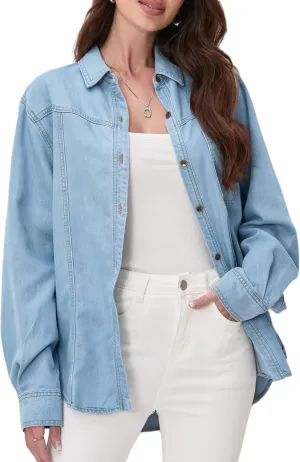 Oversized Denim Button Down Shirt Tencel Long Sleeve Lightweight Denim Shirt Jacket for Women