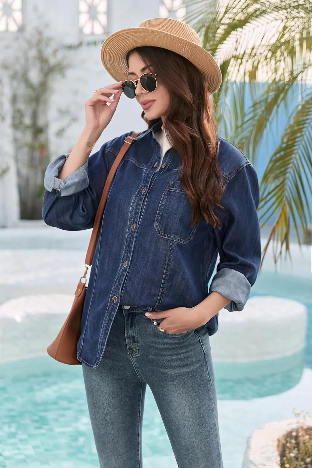 Oversized Denim Button Down Shirt Tencel Long Sleeve Lightweight Denim Shirt Jacket for Women
