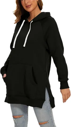 Oversized Hoodie Dress for Women Casual Drawstring Long Warmy Sweatshirt with Pockets Fashion Split Hem Long Sleeve