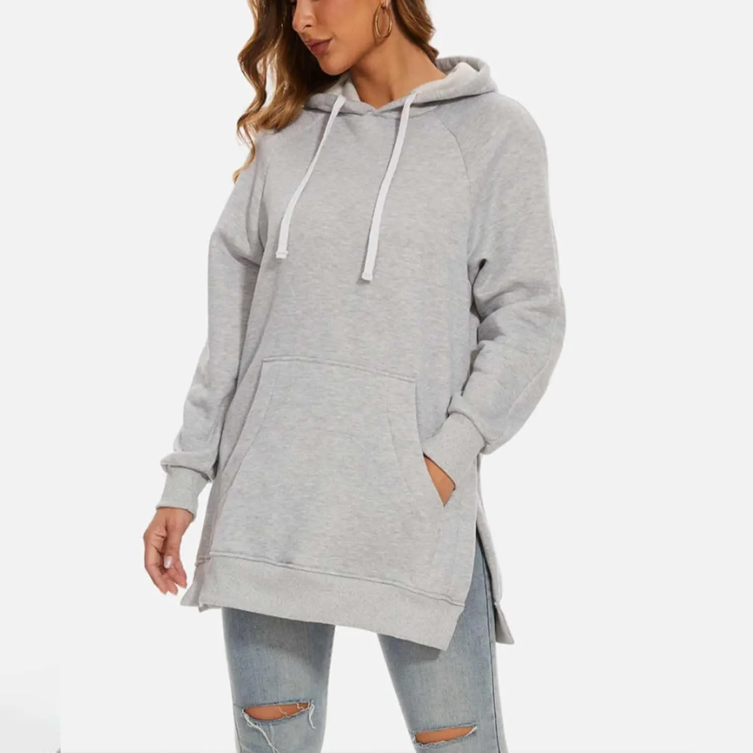 Oversized Hoodie Dress for Women Casual Drawstring Long Warmy Sweatshirt with Pockets Fashion Split Hem Long Sleeve