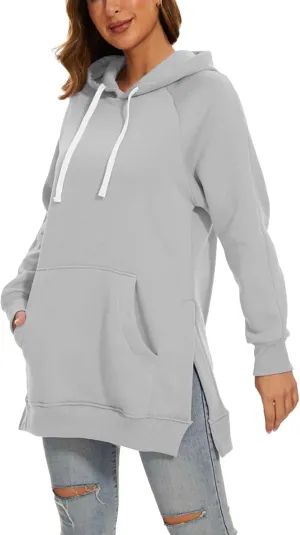 Oversized Hoodie Dress for Women Casual Drawstring Long Warmy Sweatshirt with Pockets Fashion Split Hem Long Sleeve