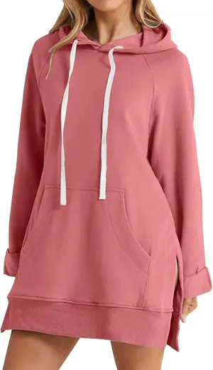 Oversized Hoodie Dress for Womens Hoodies Plus Size Casual Crewneck Long Sleeve Split Hem Pullover with Pockets