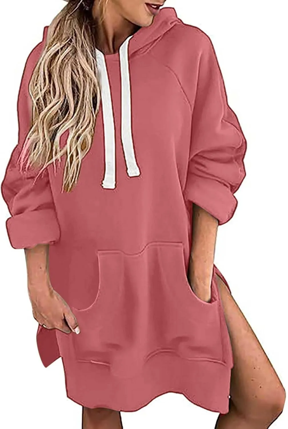 Oversized Hoodie Dress for Womens Hoodies Plus Size Casual Crewneck Long Sleeve Split Hem Pullover with Pockets