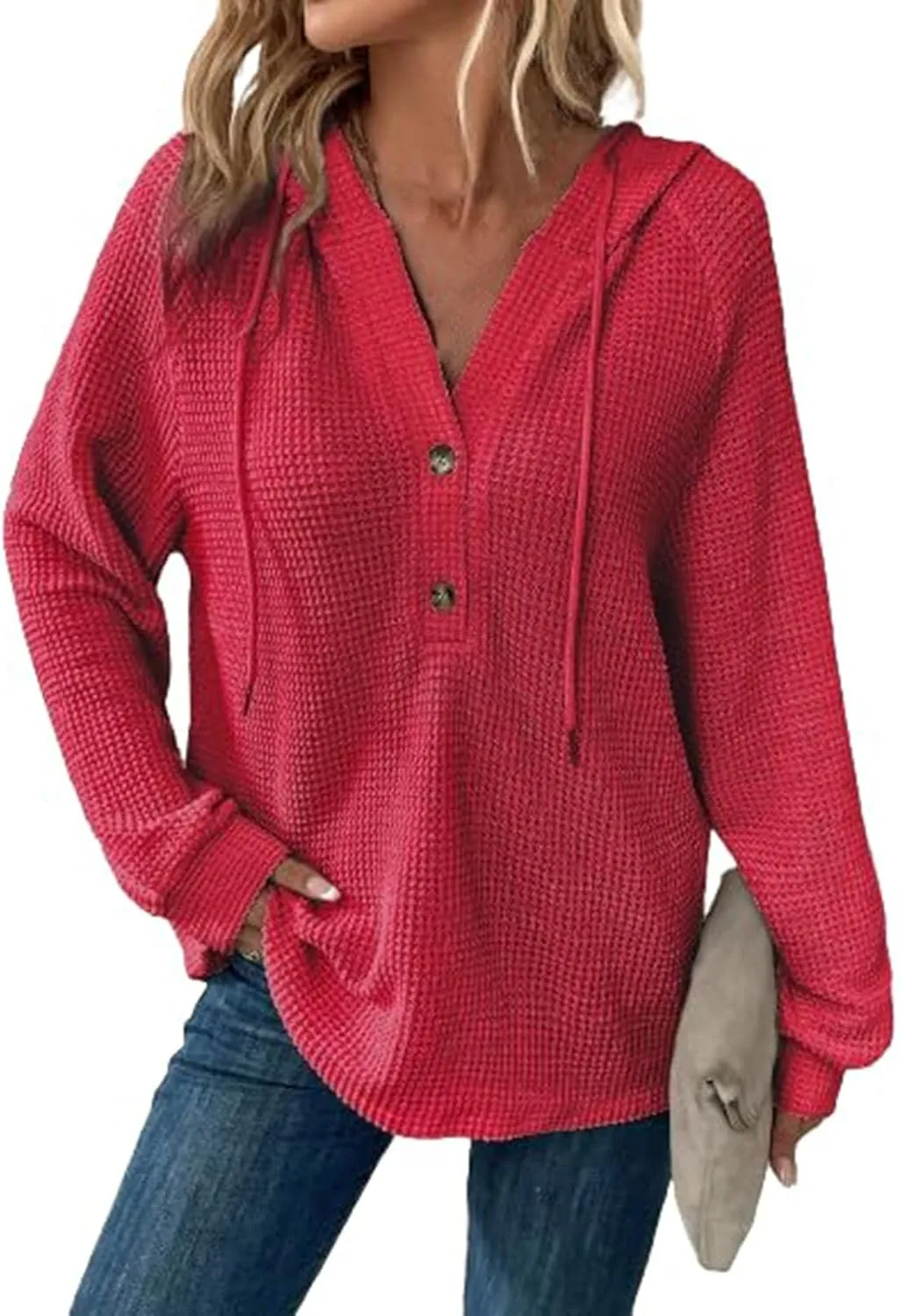 Oversized Hoodies for Women Soft V Neck Waffle Knit Hooded Sweatshirt Lightweight Fall Long Sleeve Pullover Sweaters