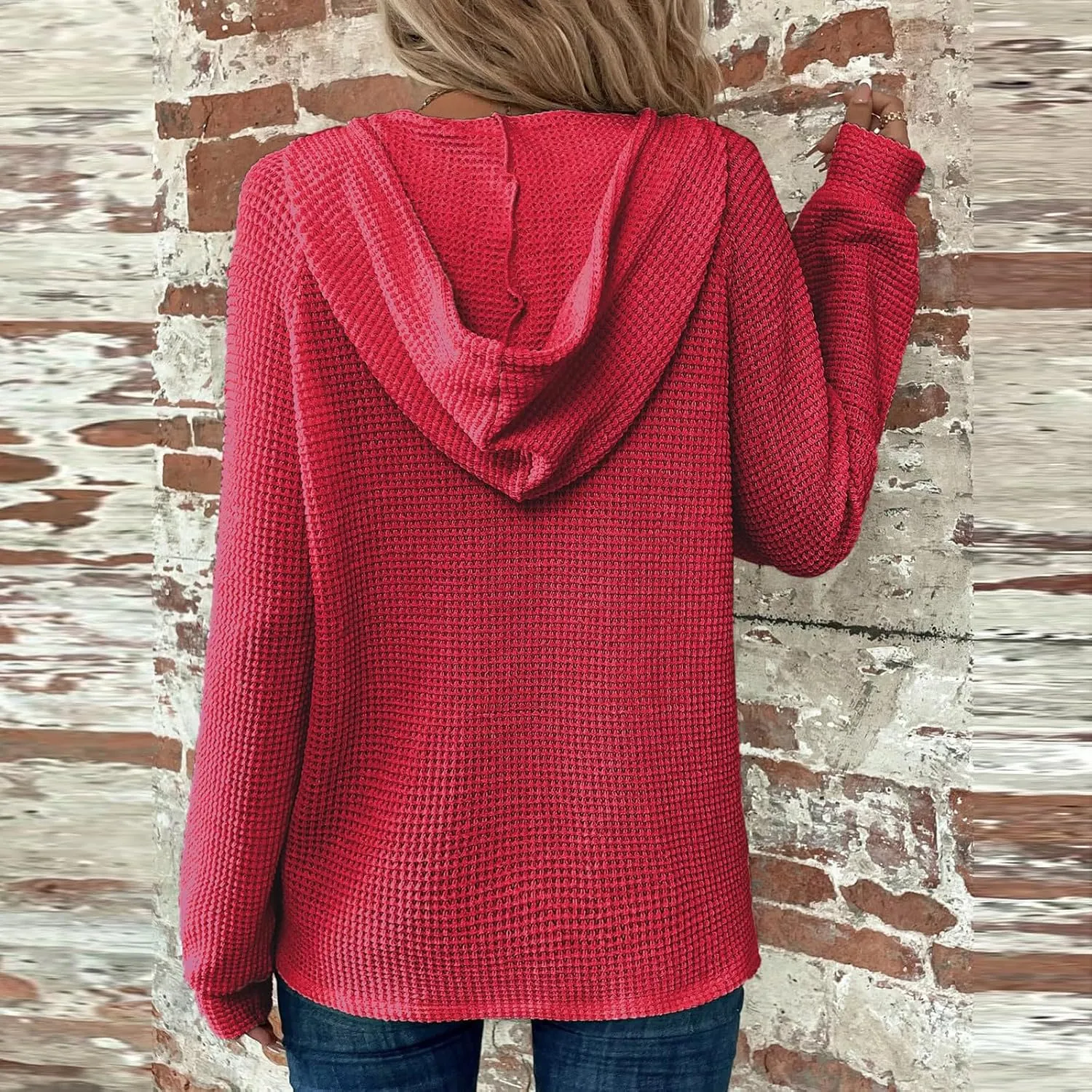 Oversized Hoodies for Women Soft V Neck Waffle Knit Hooded Sweatshirt Lightweight Fall Long Sleeve Pullover Sweaters
