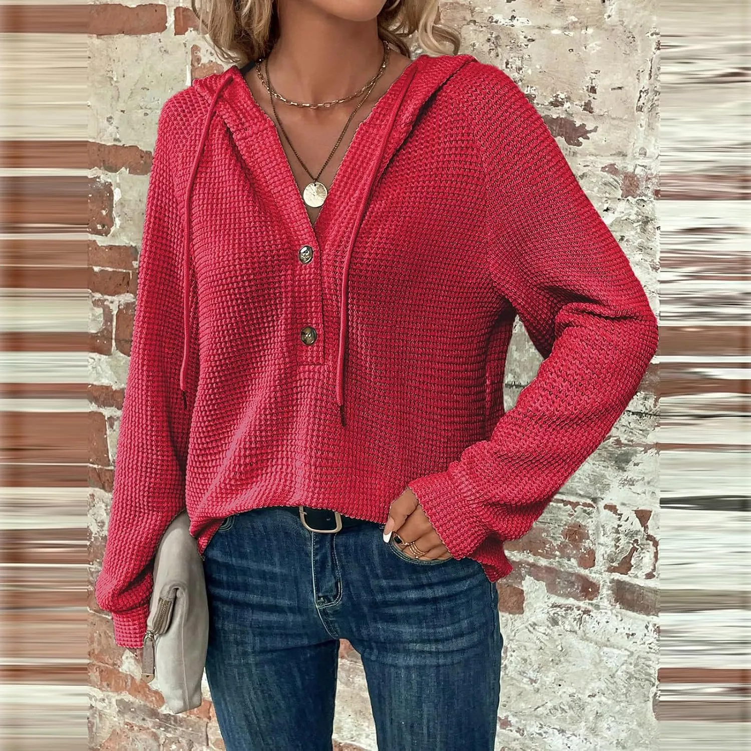 Oversized Hoodies for Women Soft V Neck Waffle Knit Hooded Sweatshirt Lightweight Fall Long Sleeve Pullover Sweaters