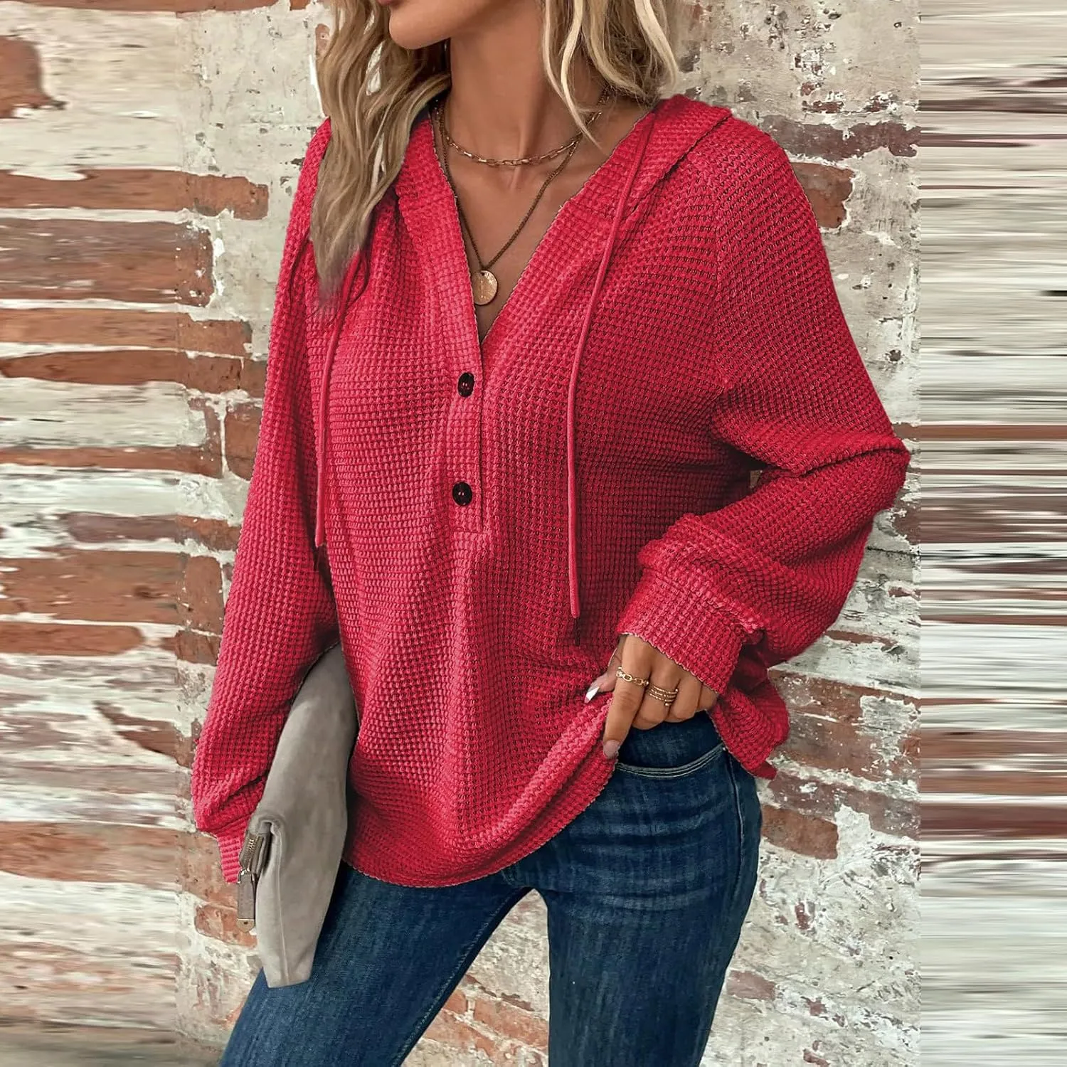 Oversized Hoodies for Women Soft V Neck Waffle Knit Hooded Sweatshirt Lightweight Fall Long Sleeve Pullover Sweaters
