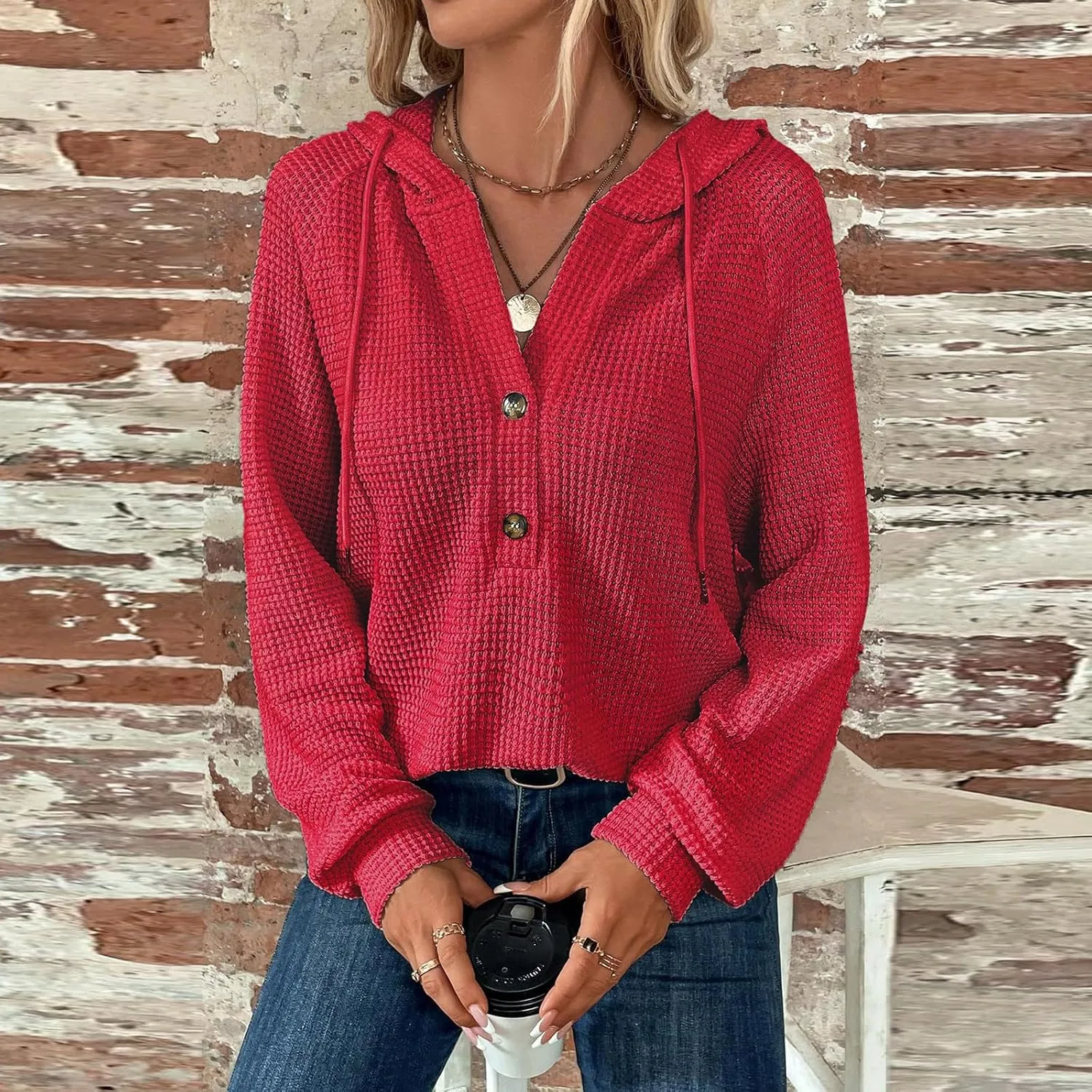 Oversized Hoodies for Women Soft V Neck Waffle Knit Hooded Sweatshirt Lightweight Fall Long Sleeve Pullover Sweaters
